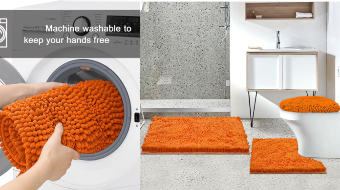 Experience Ultimate Comfort with the 3 Piece Ultra Soft Chenille Bathroom Rug Set in Vibrant Orange